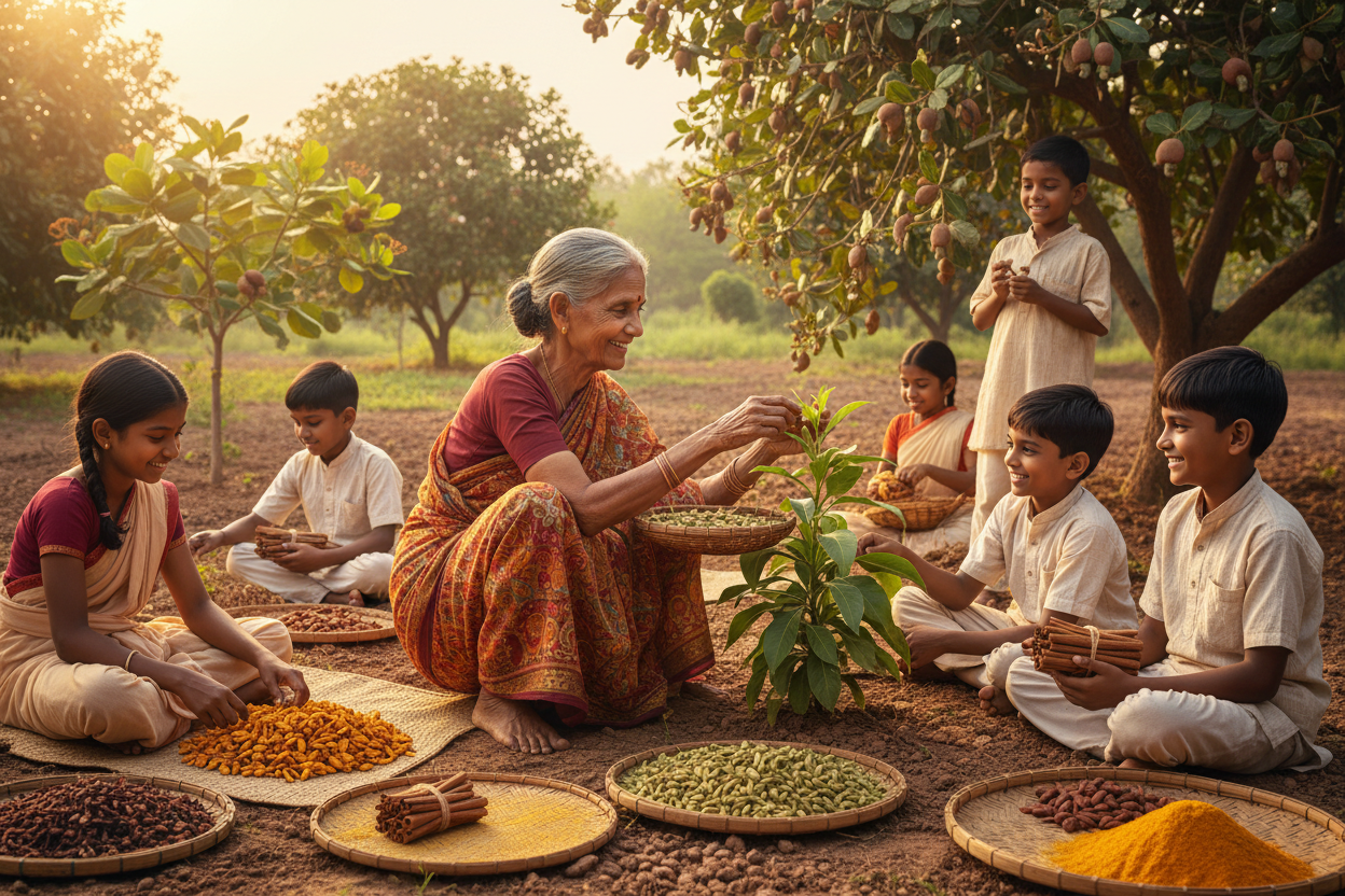 create pic with old lady farming dry fruits and spices with kids